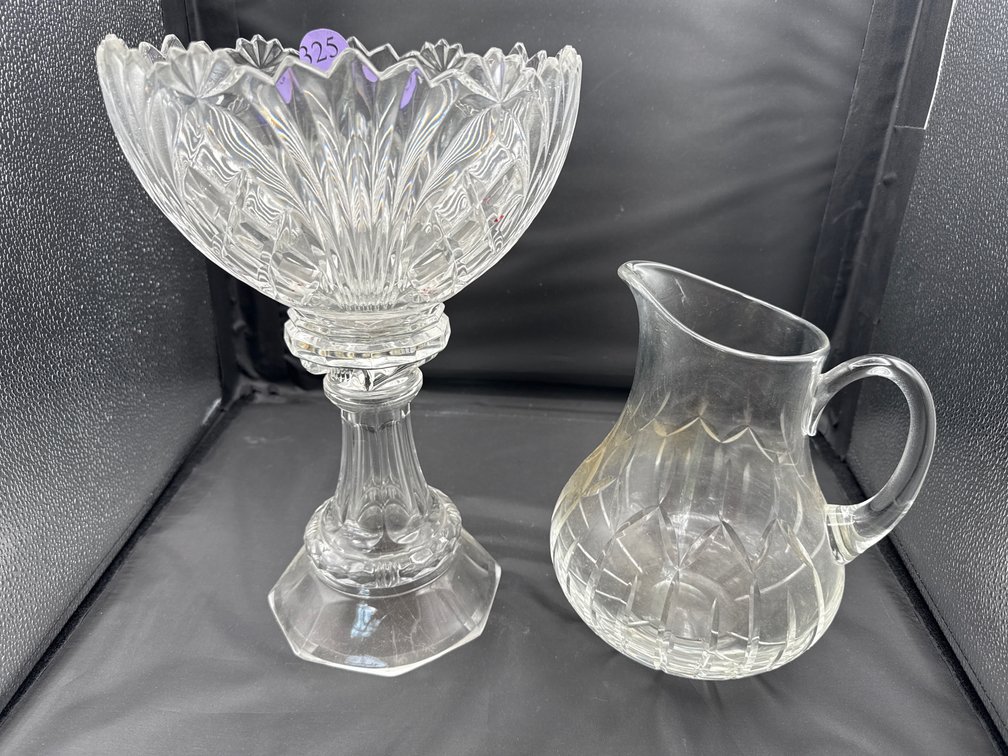 Crystal Compote and Block Glass Pitcher 