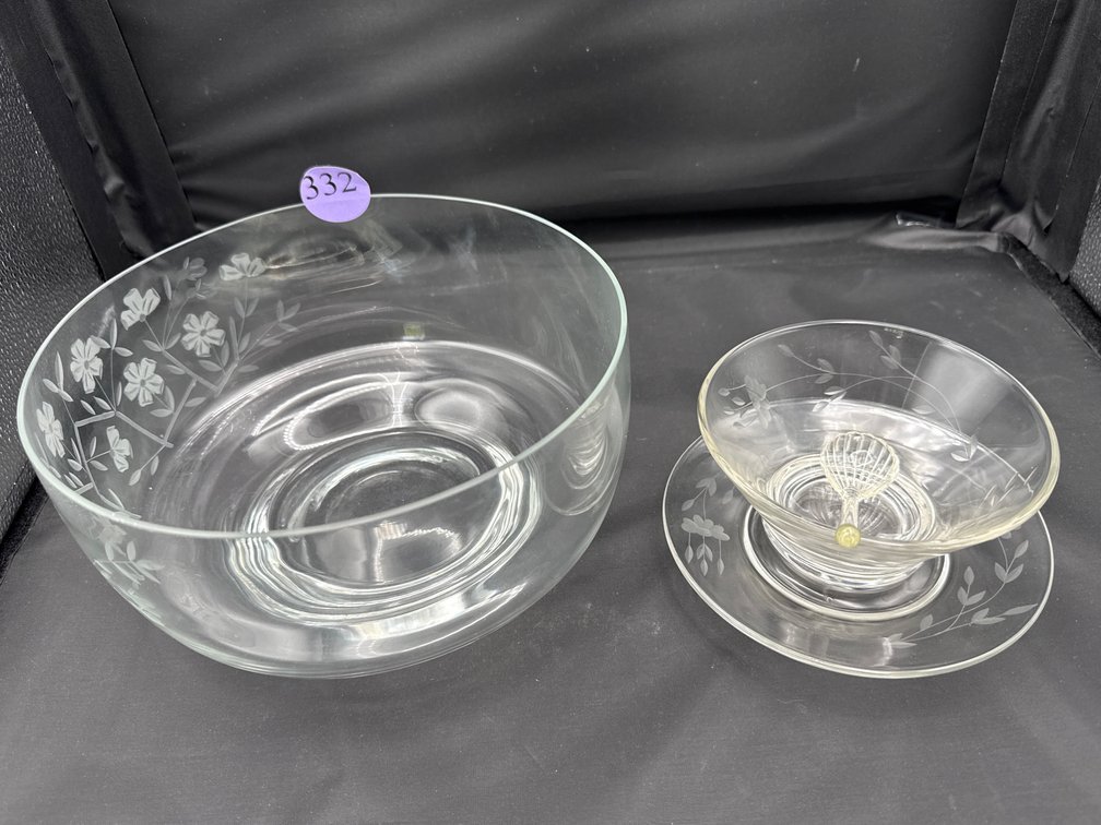 Vintage Etched Condiment Bowl, Plate and Spoon and Large Serving Bowl