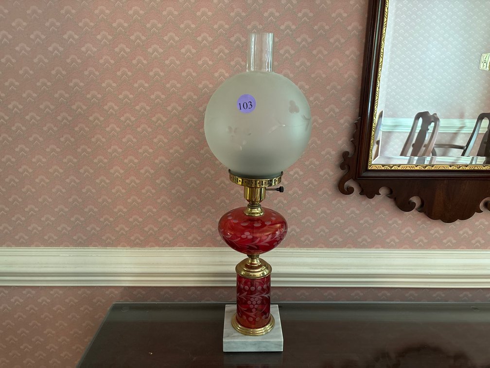 Cranberry cut to clear banquet lamp; electified