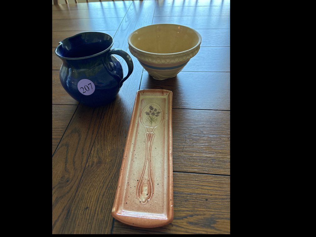 Pottery pitcher from Seagrove, NC; spoon rest; vintage mixing bowl