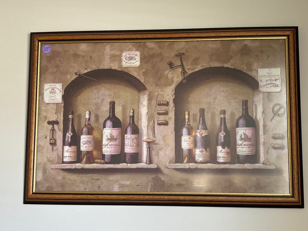 Framed print, wine bottles; 39” x 25”