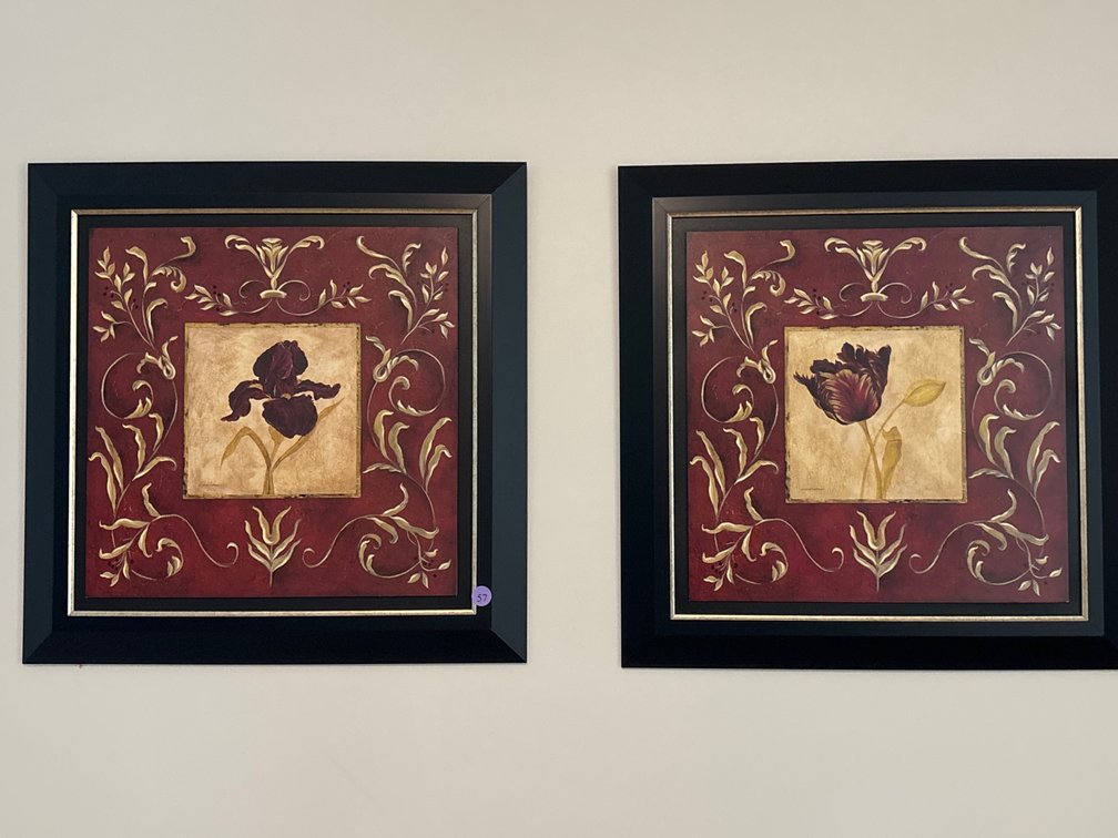 2 floral prints; 32” square