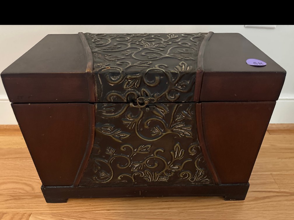 Decorative wooden hinged box; 17” x 10” x 12” tall