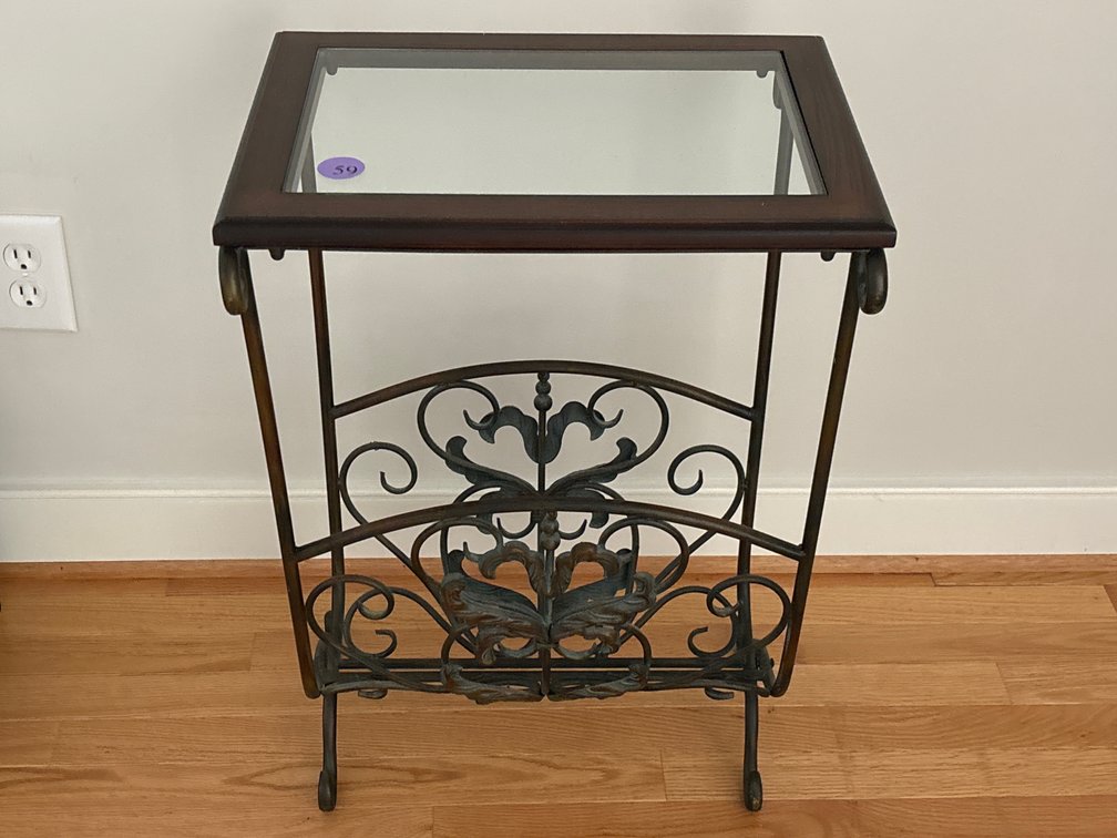 Small metal and glass table w/ magazine rack