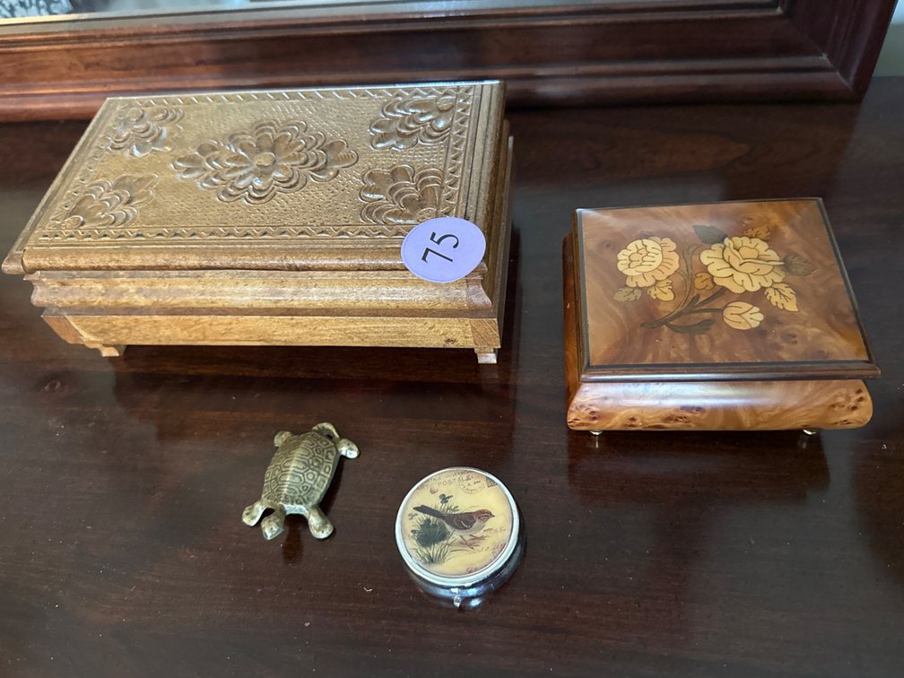 Carved Trinket Box, Inlayed Music Box, Pill Box, Brass Turtle 