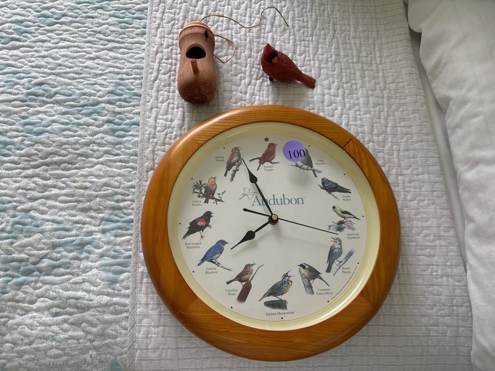 Audubon clock; wood birdhouse; resin cardinal