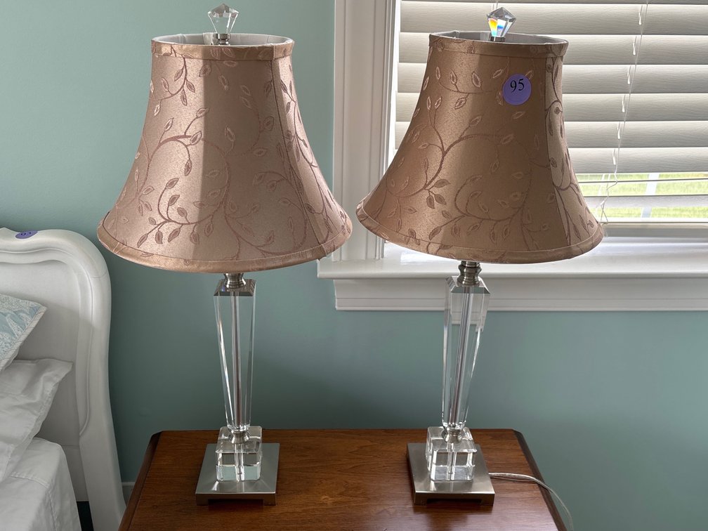 Pair of lucite lamps w/ fabric shades; 25” tall
