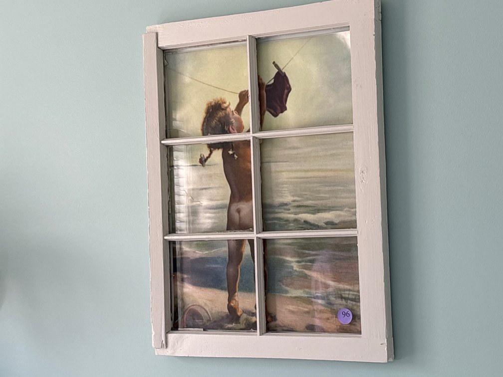 Vintage window w/ child’s print; 21” x 30”