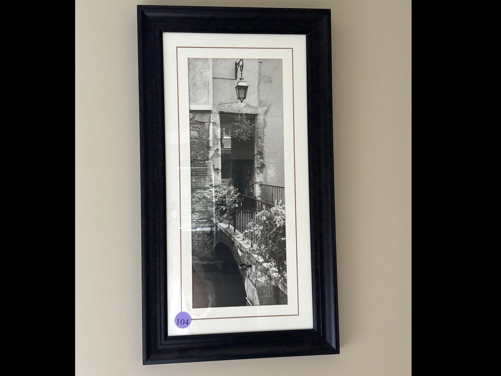 Pair of framed prints; street scenes; 15” x 27”