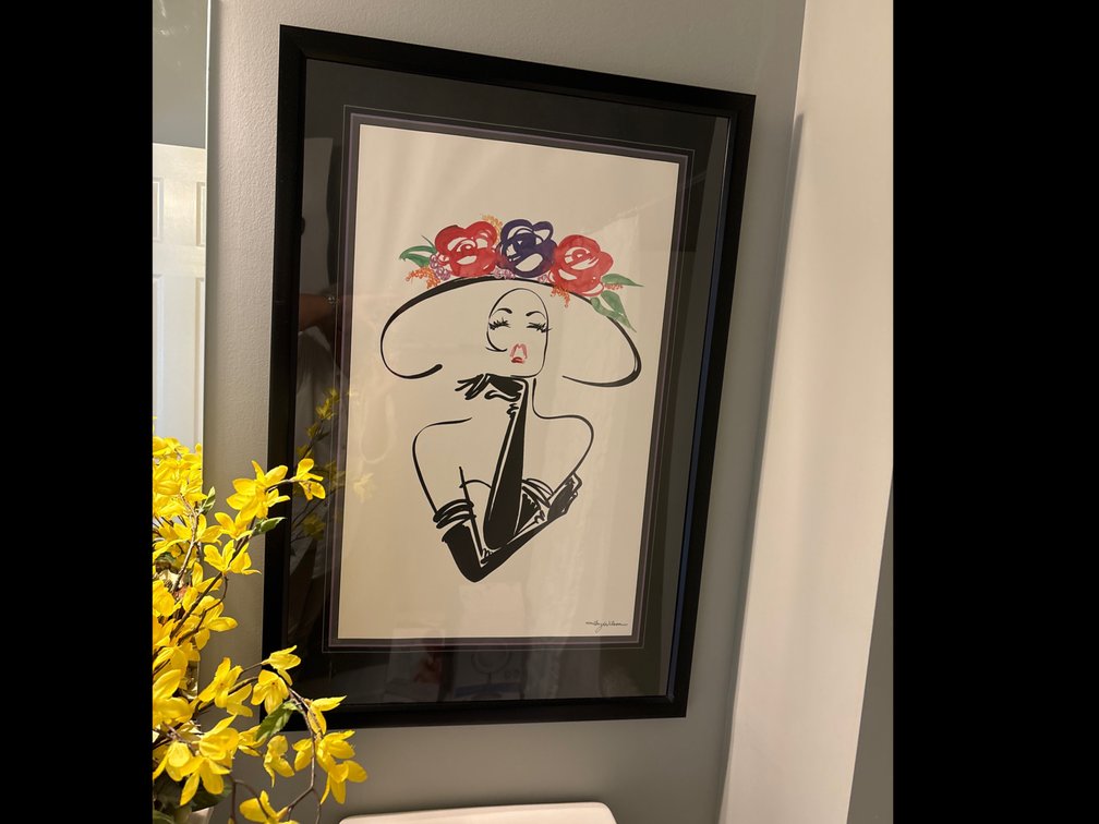 Hall bathroom contents: print, florals, shower curtain, etc