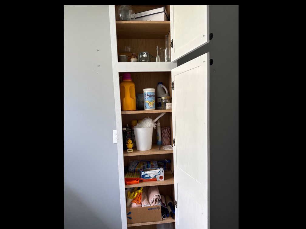 Contents of Laundry Room Cabinet, Dirt Devil and Trash Can 