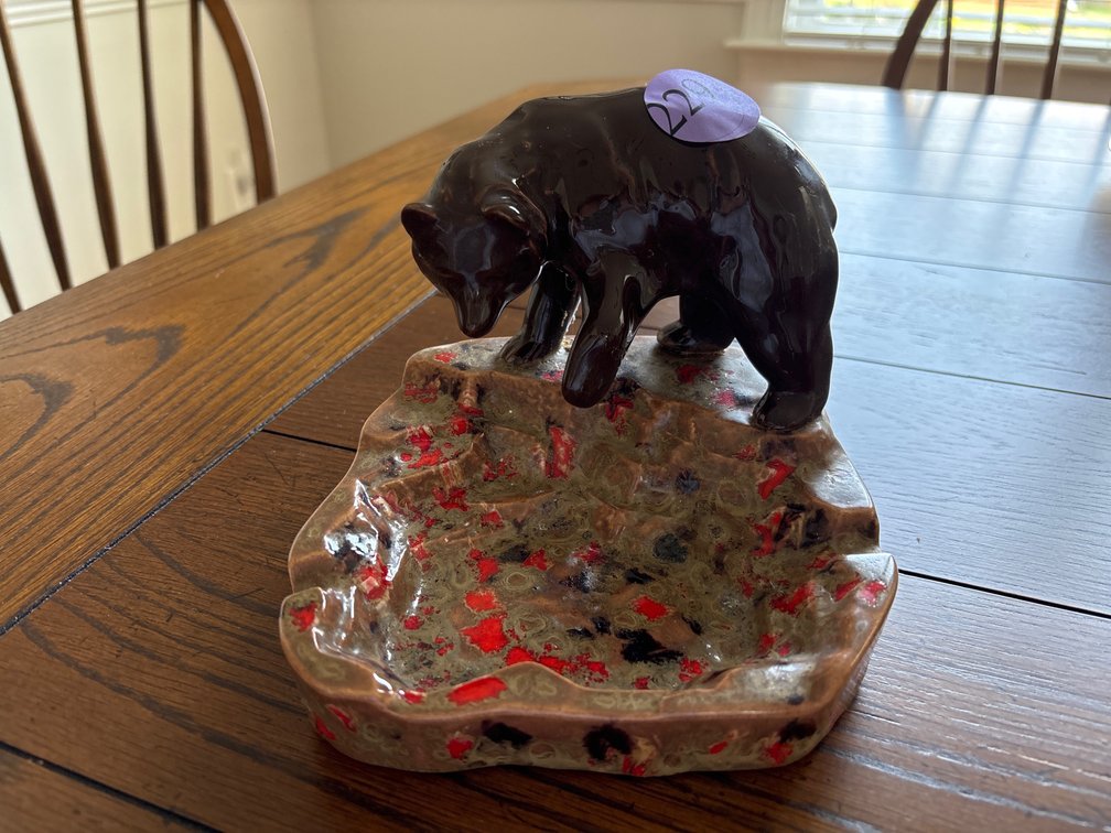 Midcentury ceramic bear ashtray; 6” wide