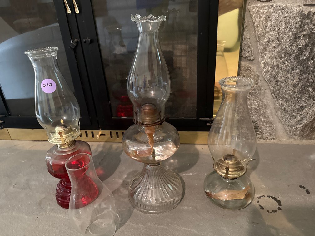 3 Oil Lamps and 1 Glass Hurricane 
