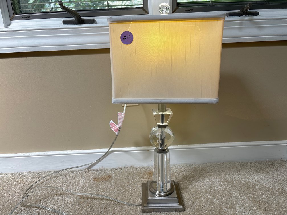 Lucite and metal lamp, fabric shade; 24” tall