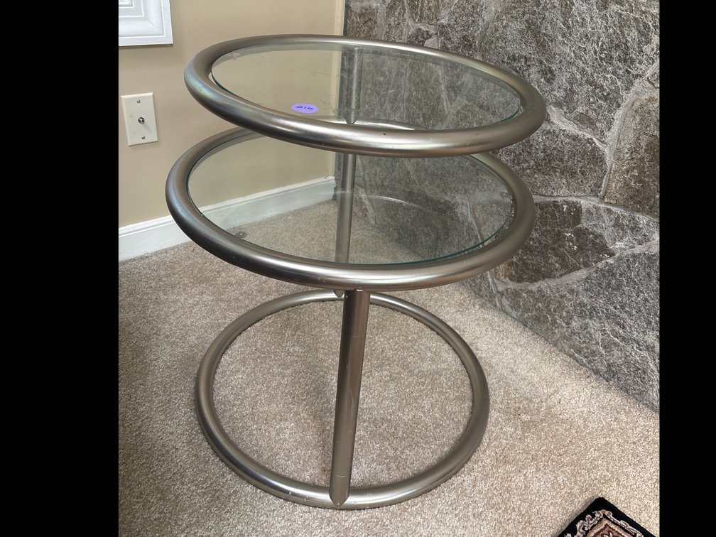 Metal and glass 2-tier side table; 22” in diameter x 24” tall