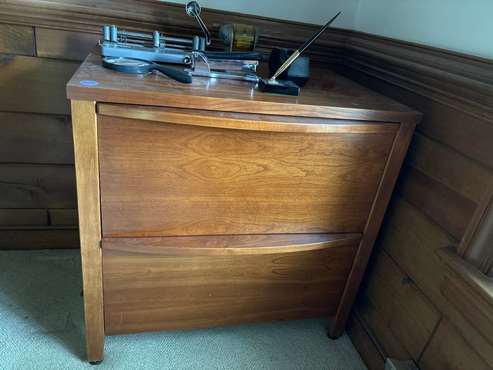 2-drawer wooden file cabinet/office items on top
