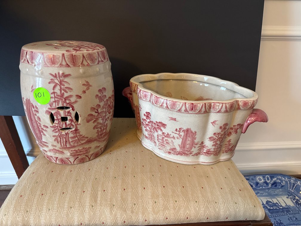 Pink and Cream Barrel 10” tall and Bowl 14” tall