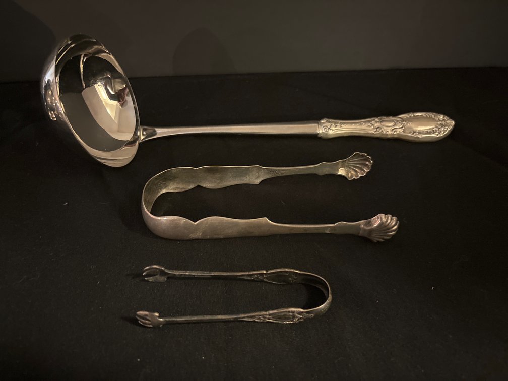 Ladle w/ sterling handle/ 2 sugar tongs