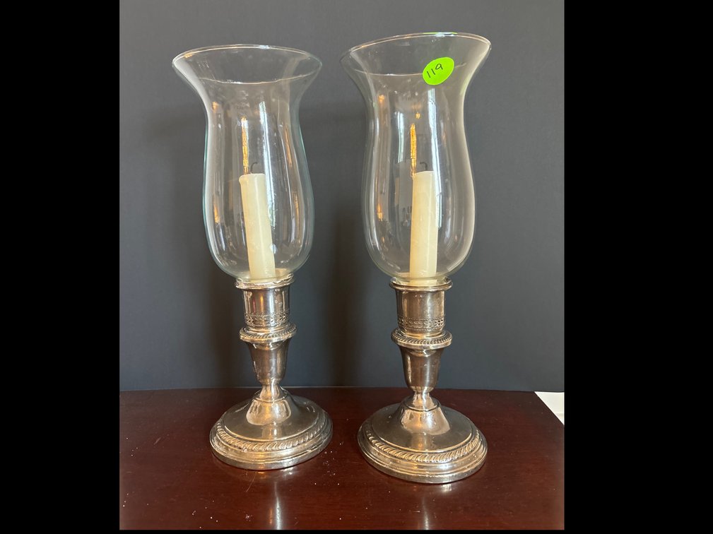 Pair of sterling weighted candleholders w/ glass shades