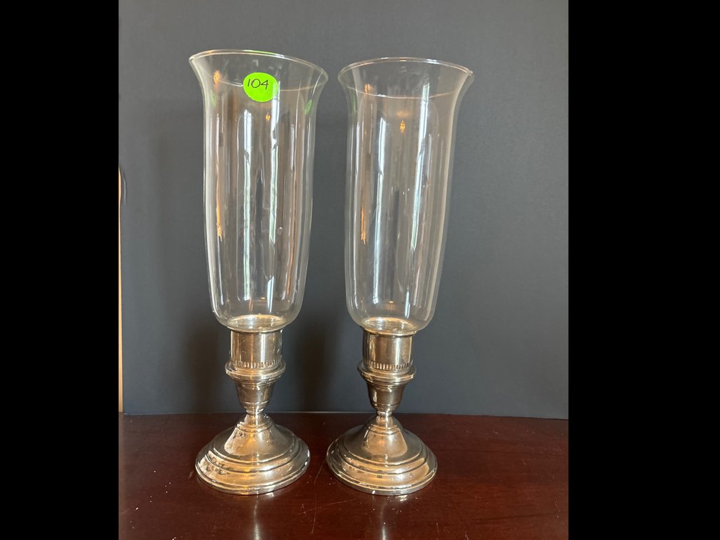 Pair of sterling weighted candleholders w/ glass shades