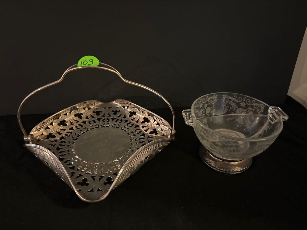 Pairpoint silverplate pierced basket/etched bowl w/ sterling base