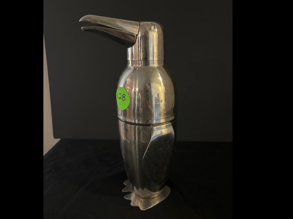 Stainless penguin cocktail shaker;  10.5” tall