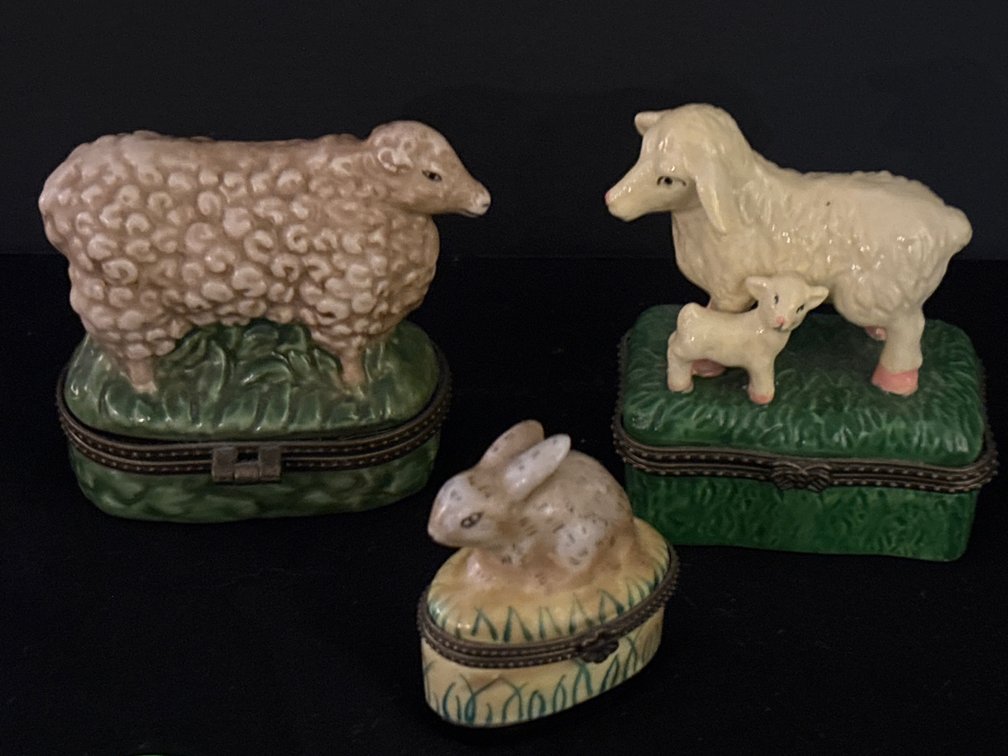 3 enameled metal trinket boxes; larger are 3” long