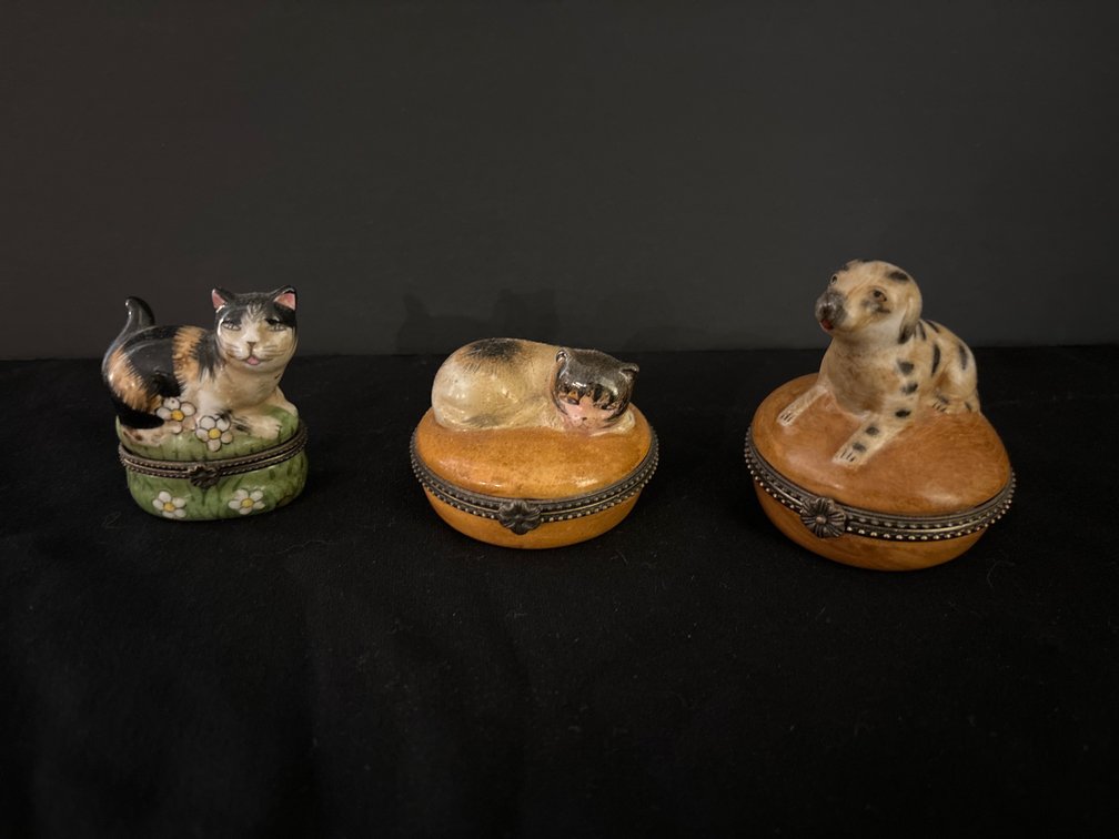3 enameled metal trinket boxes; larger are 3” long