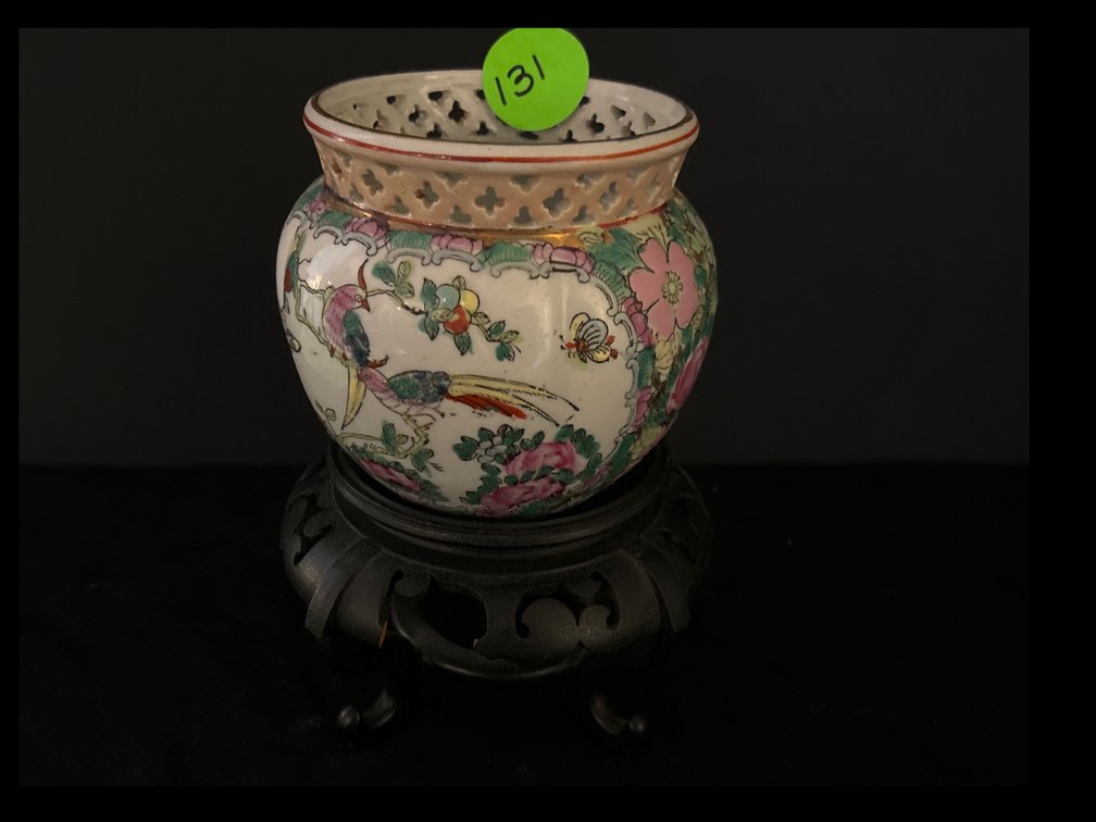 Asian pierced bowl, wooden pedestal
