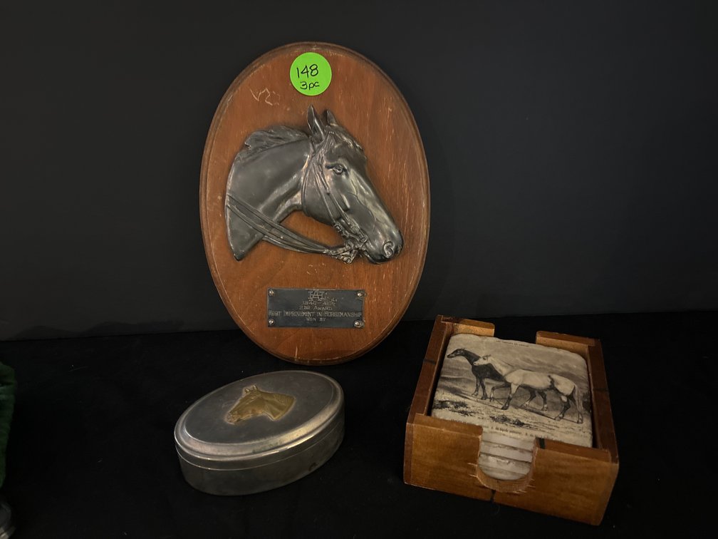 Horse lover’s lot: plaque; metal box, coaster set