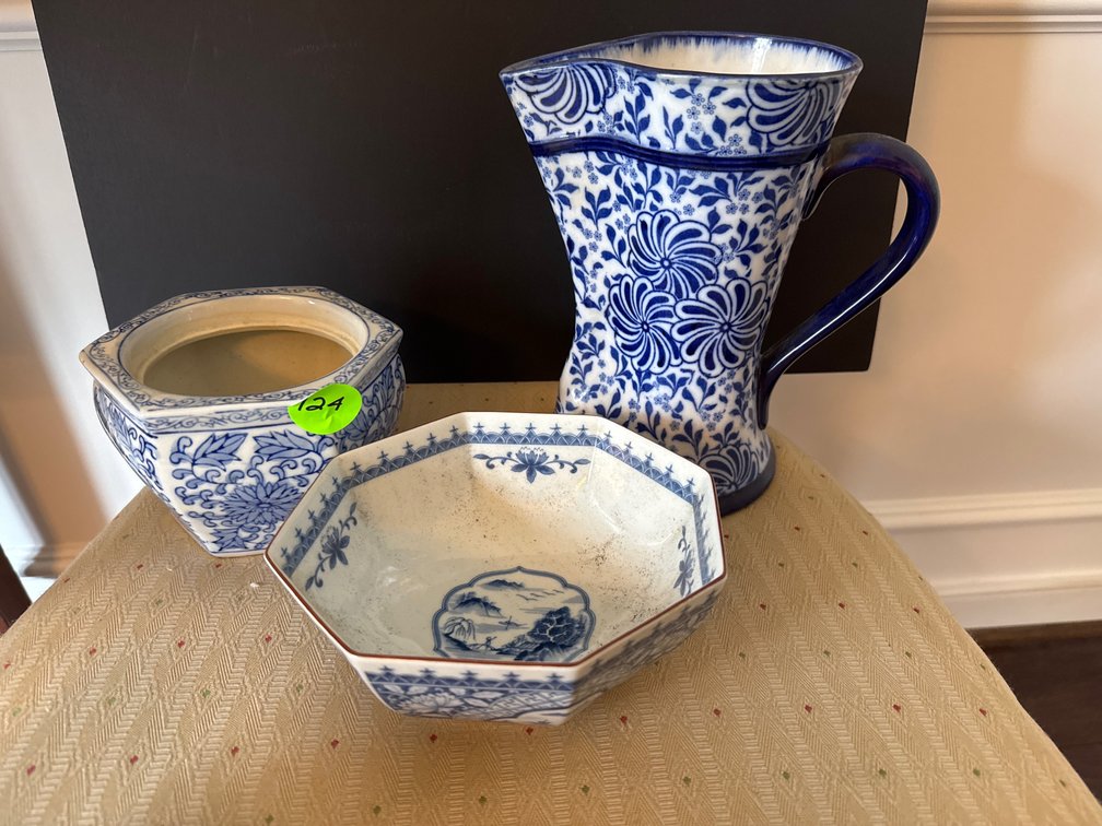 Blue and White Flower Pot, Bowl and Pitcher Tallest 9”