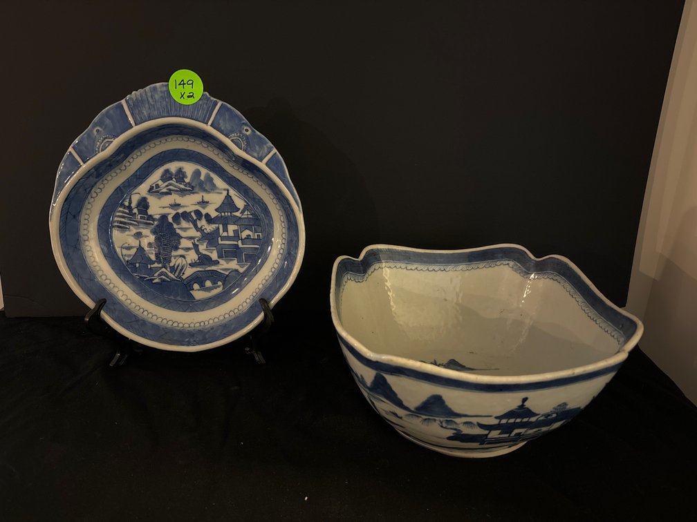 Cantonware dish and bowl; bowl is 9” sq