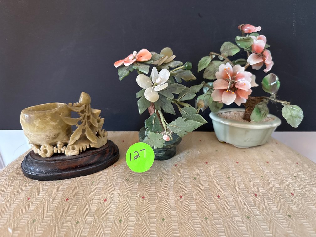 Jade Carved Flowers and Carved Soapstone tallest 6.5” 