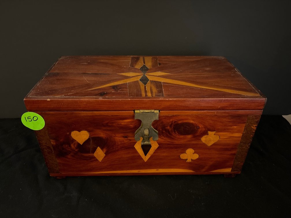 Inlaid folk art hinged wooden chest; 12” x 7” x 6” tall