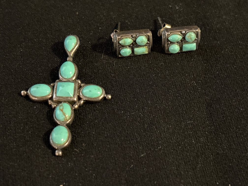 Sterling and turquoise cross pendant and earrings
