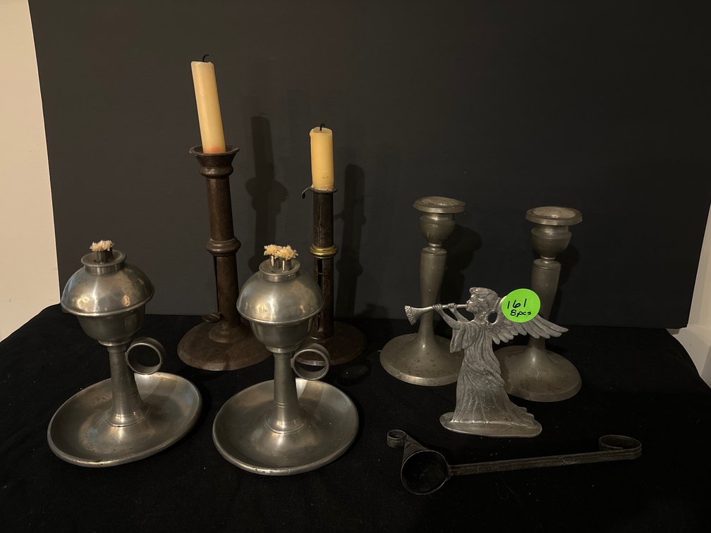 Candlestick lot: pewter, oil lamps; push up candlesticks