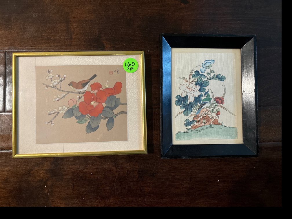 2 Asian prints, appear to be hand drawn, one on silk