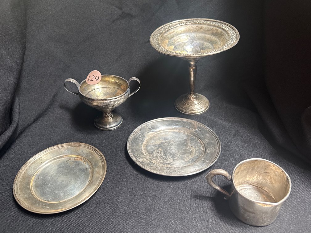 Sterling weighted compote and sugar bowl; baby cup and bread plate