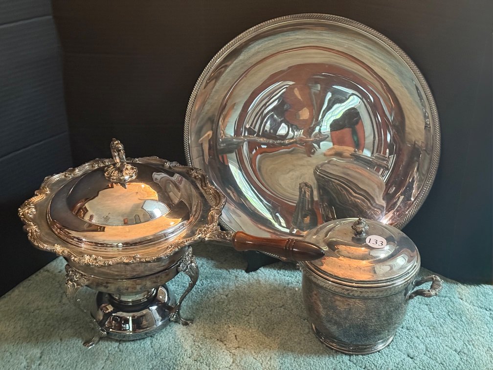 Silver Plate Ice Bucket, Chafing Dish and Platter 