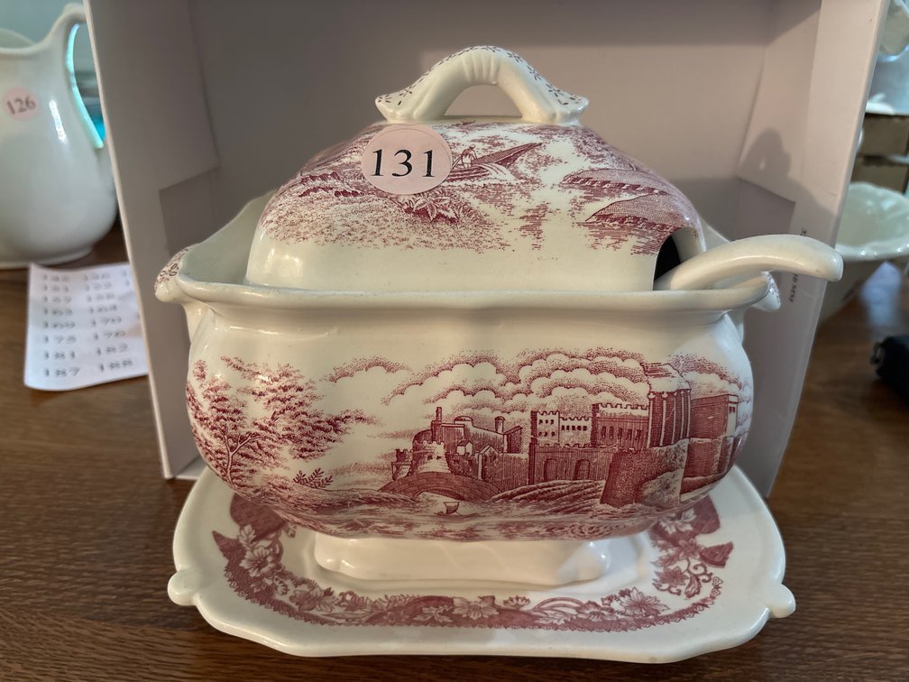 Transferware ironstone tureen w/ ladle and undertray; 9” tall