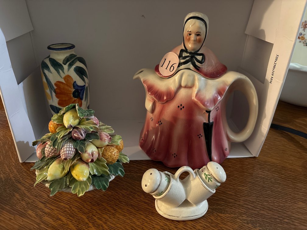Staffordshire teapot; capodimonte fruit; hand painted vase; s & p