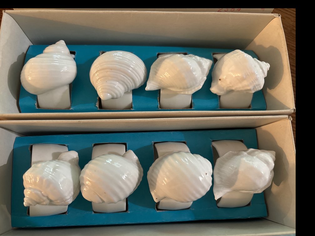 8 bone china sea shell napkin rings, NIB