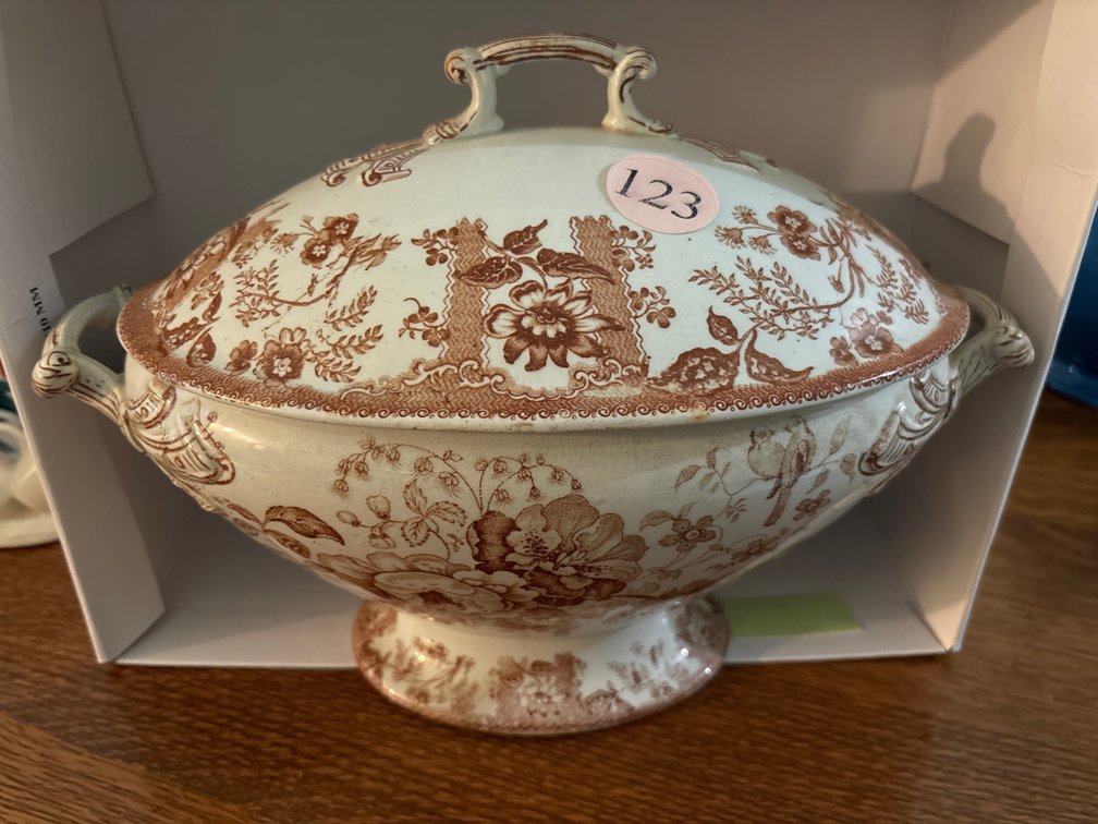 Transferware ironstone tureen, 11” wide