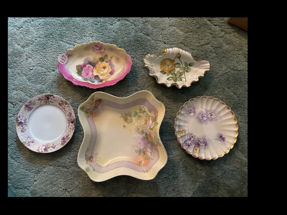 5 pcs of hand painted porcelain; largest is 11” sq
