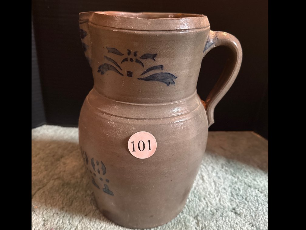 Antique Blue and Gray Hand Painted Stoneware Pitcher
