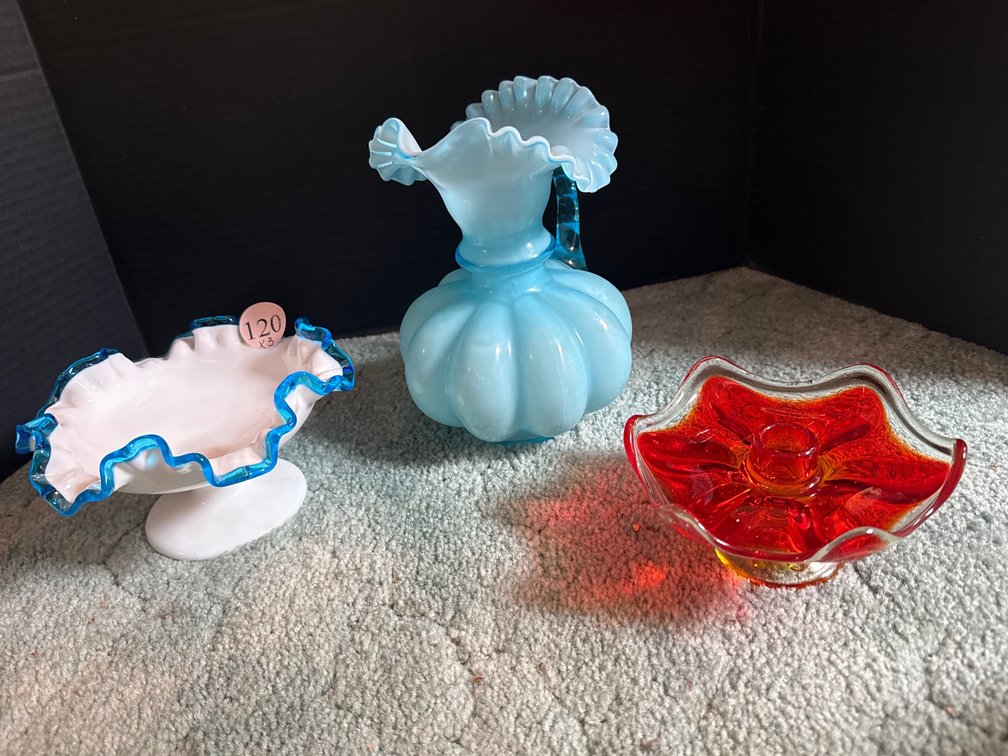 3 Pieces of Colored Glass - bowl, pitcher, candlestick