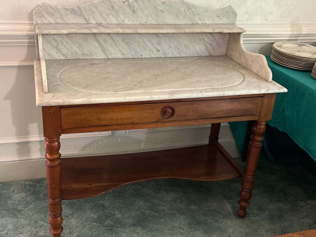 Antique marble top server, one drawer; lower shelf