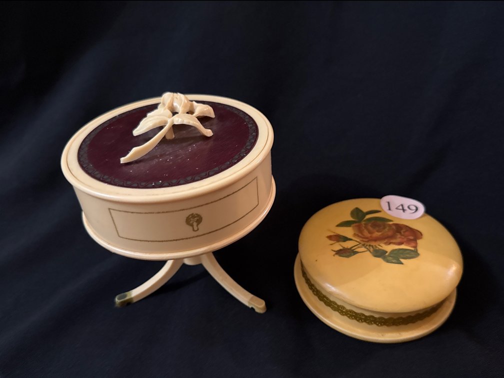 Vintage Celluloid Miniature Table Trinket Box and Hand Painted Floral Trinket Box 