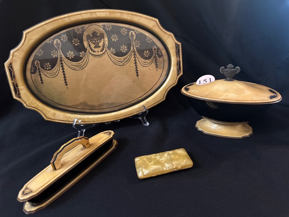 Vintage Celluloid Vanity Tray and Accessories with Decorative Inlay 