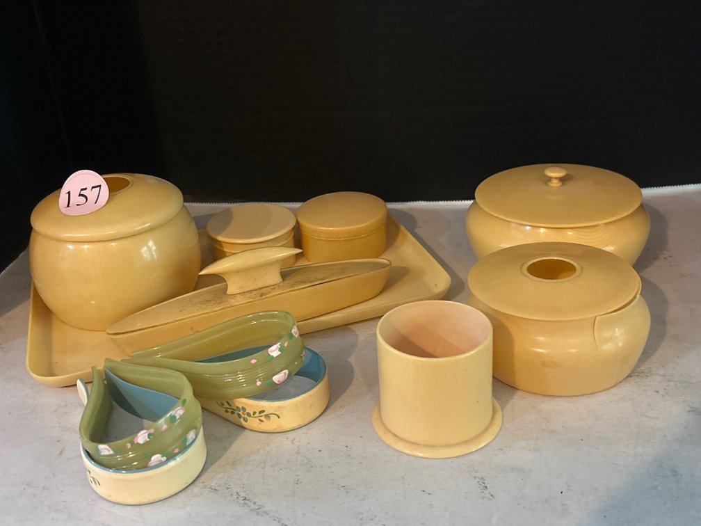 Vintage celluloid dresser items: trays, boxes, etc